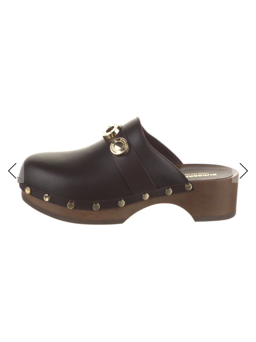 Burberry Dark Brown Leather Studded Clog Mules with Gold Hardware